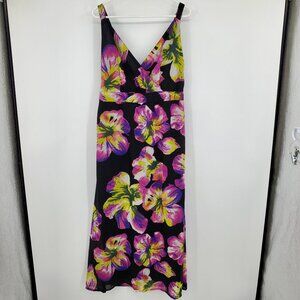 Ashley Stewart Black and Floral Print Surplice Neck Long‎ Midi Smocked Dress 14